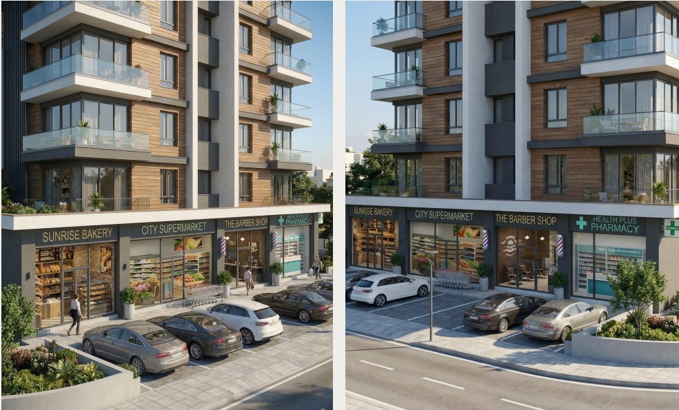 Ground-floor retail — bakery, supermarket, barber, pharmacy